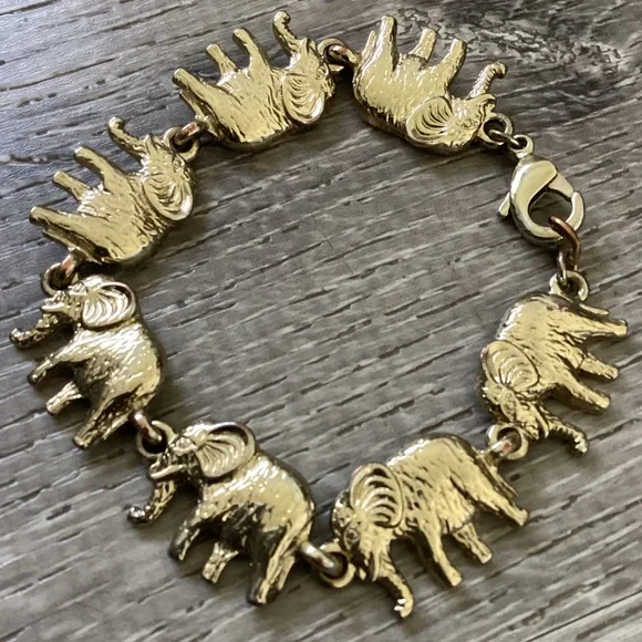 GOLD ELEPHANT LINK WHIMSICAL BRACELET ANTHROPOLOGIE S - Picture 1 of 4